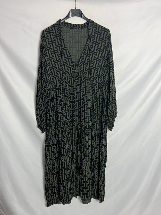 OTRAS. Vestido midi verde estampado geométrico . T U(M)