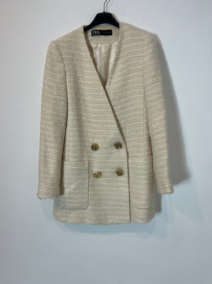 ZARA. Chaqueta larga tweed hilos brillo. TXS