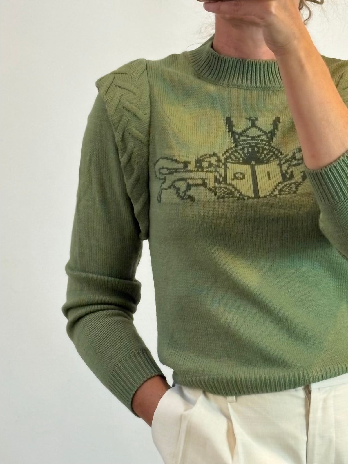 IQ. Jersey verde dibujo con lana