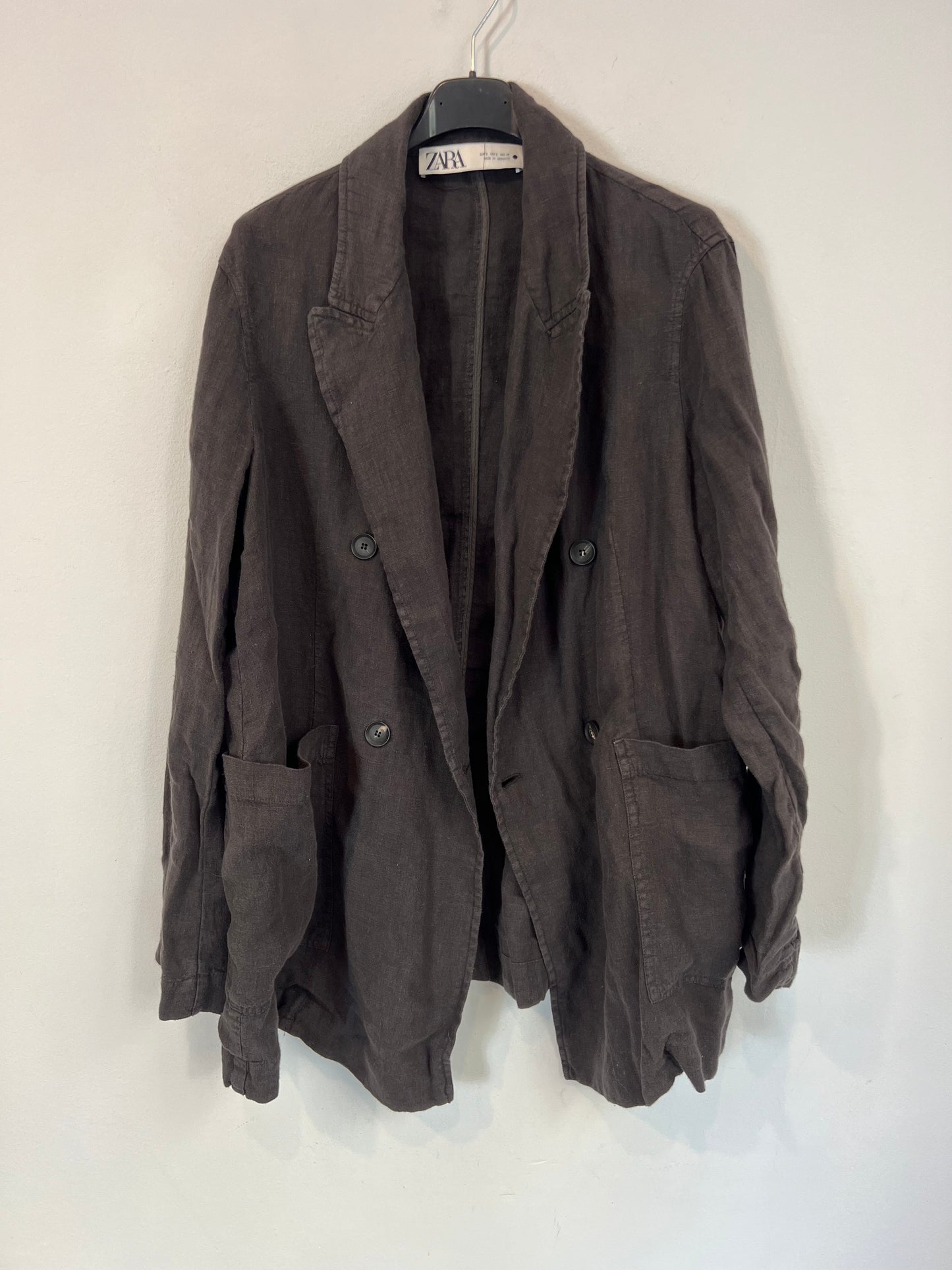 ZARA. Blazer fluida lino gris/azul oscuro  T.s