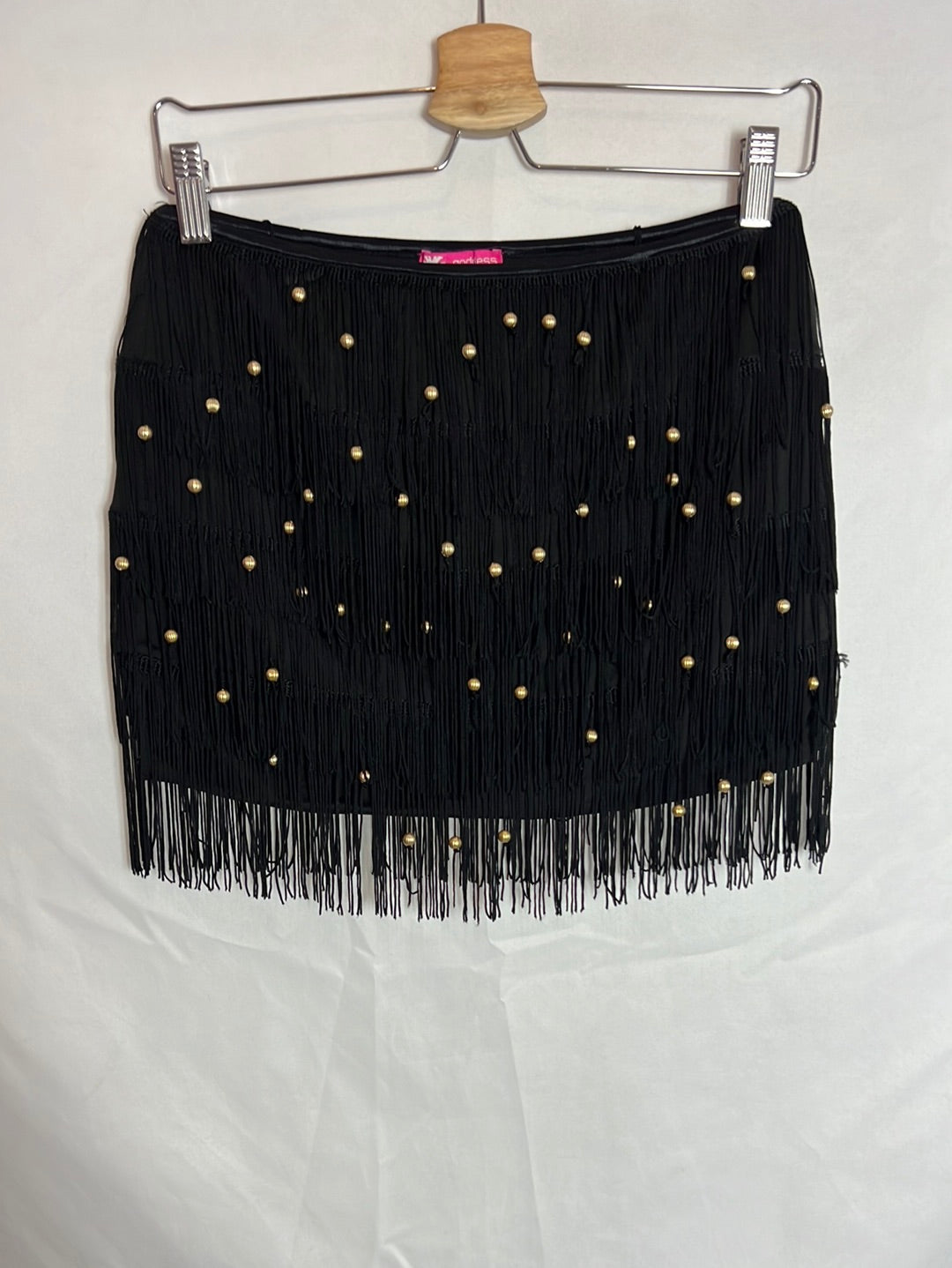 GODDESS. Short black elastic fringe skirt. TM