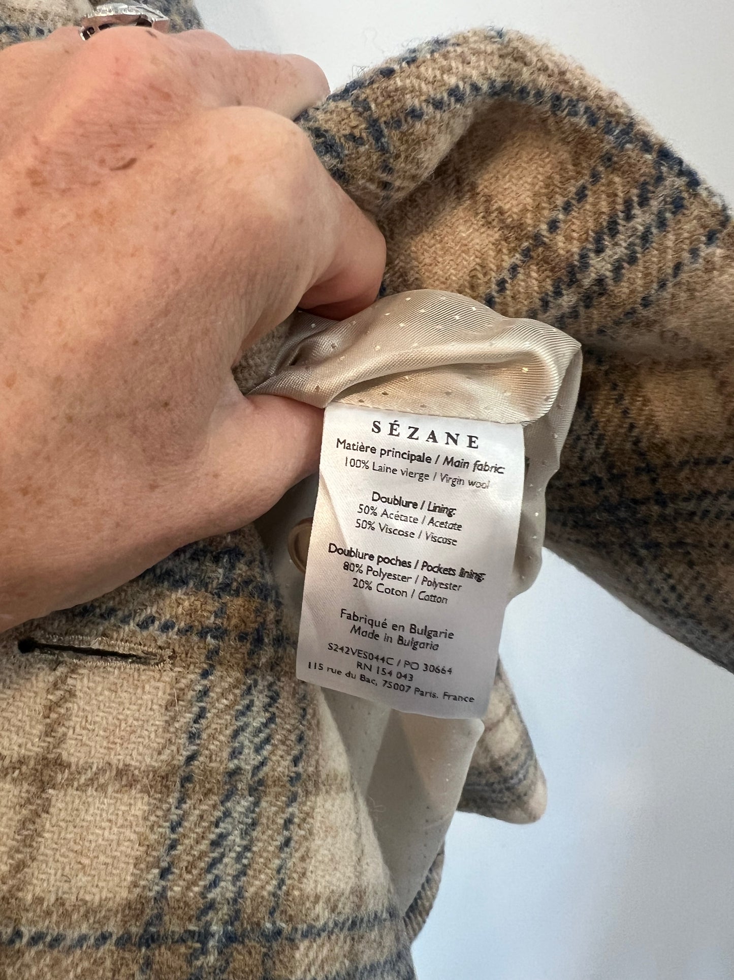 SÉZANE. Chaqueta beige cuadros lana T.34