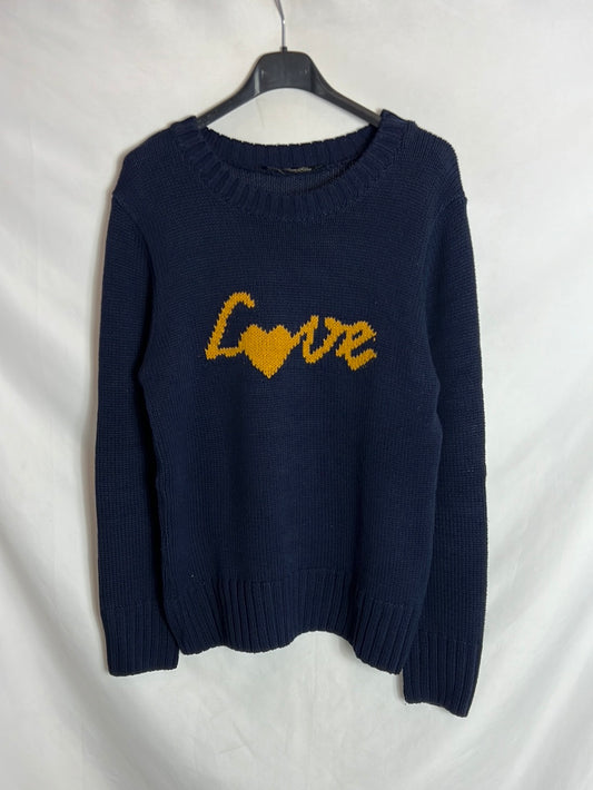 ZARA. Jersey azul letras mostaza. T L