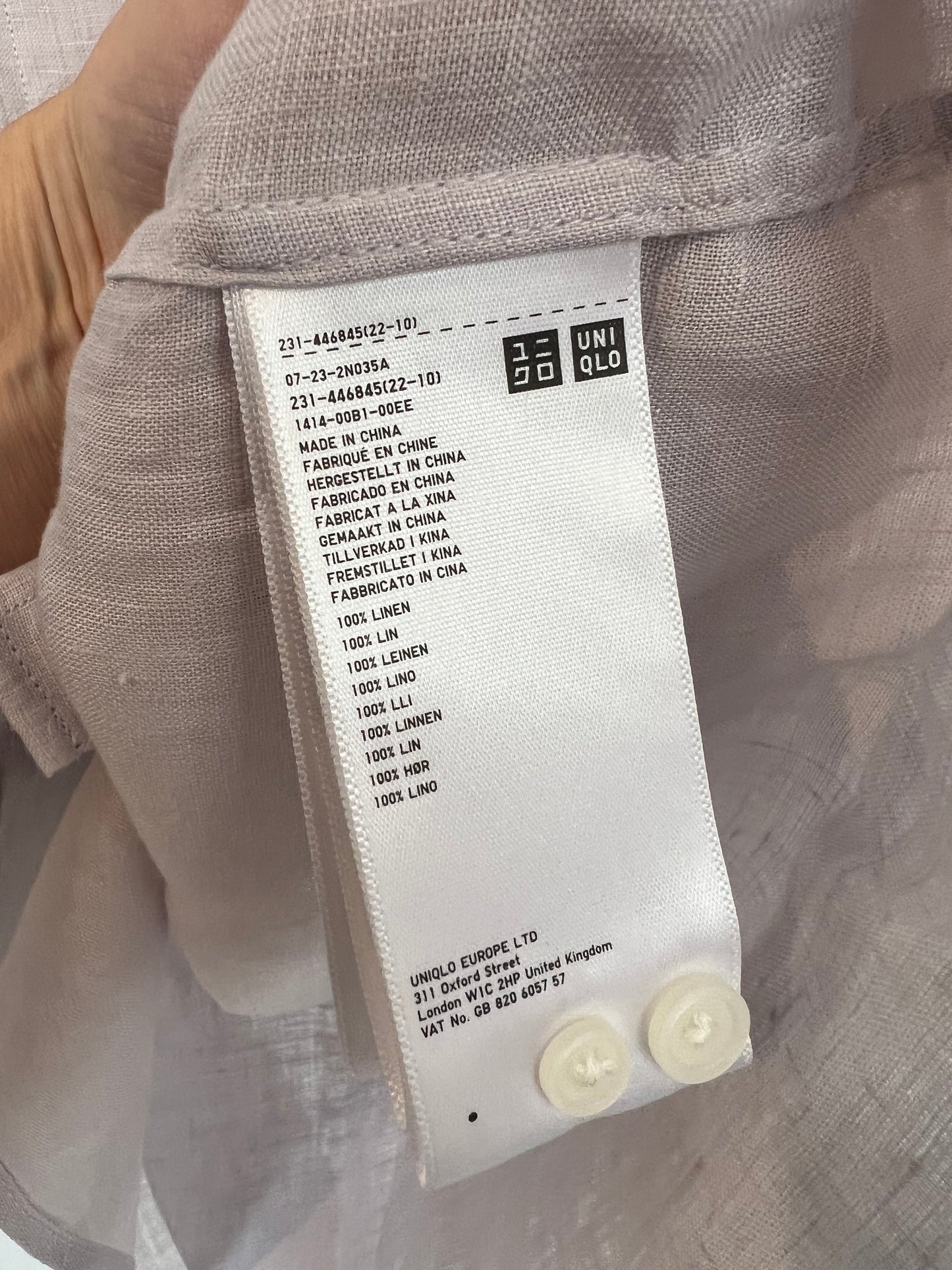 UNIQLO. Camisa lino malva claro. TXS