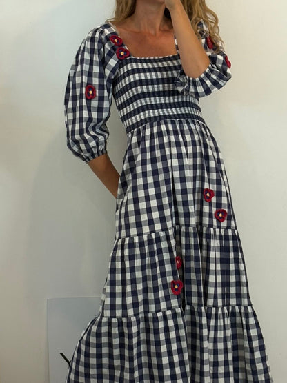 ISOLDA. Vestido largo cuadros detalle flores