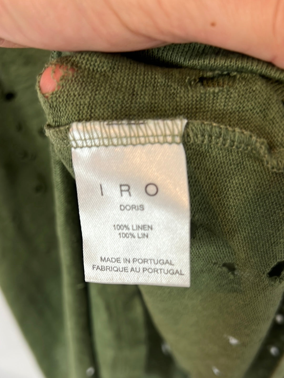 IRO. Perforated green linen top. Size 1 (S/M)