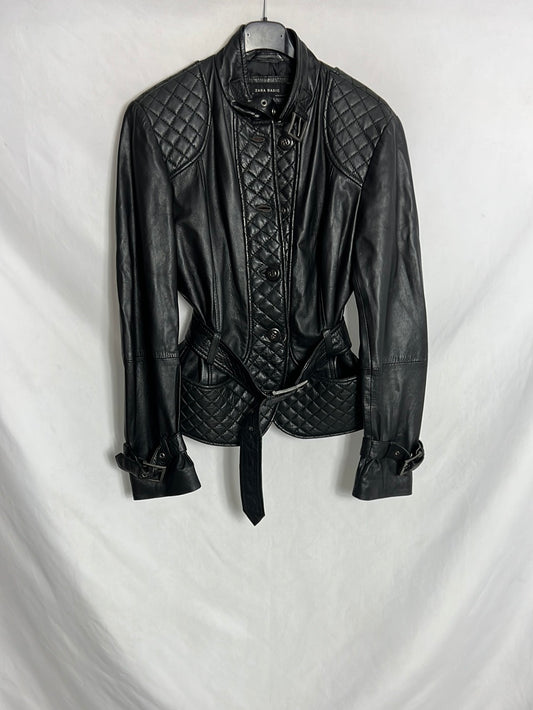 ZARA. Chaqueta piel negra guateada. T M