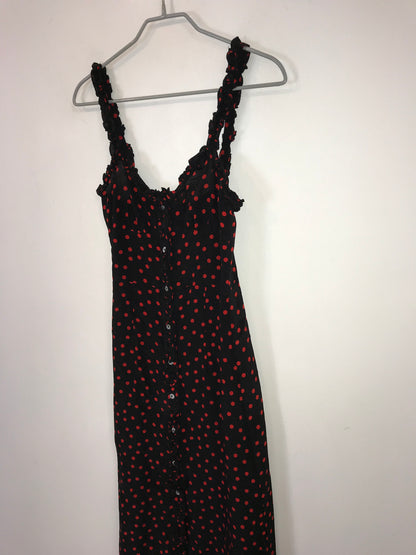 RÉALISATION. Vestido midi seda lunares rojos