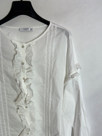 MANGO. Camisa blanca volante botones T.m