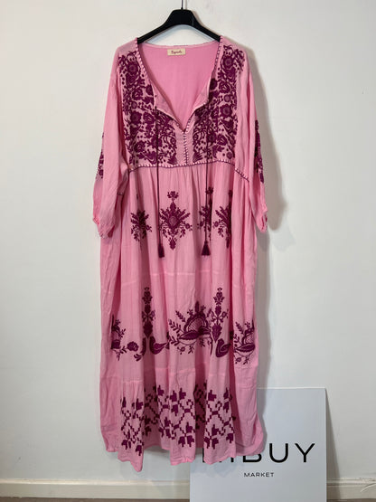 BUGANVILIA. Vestido rosa flores bordadas T.3xl