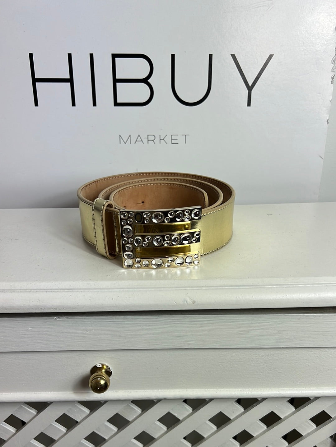 ETRO. Gold belt with rhinestone buckle. 90 cm.