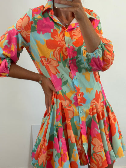 LILY ROSE. Vestido vuelo fucsias. T L