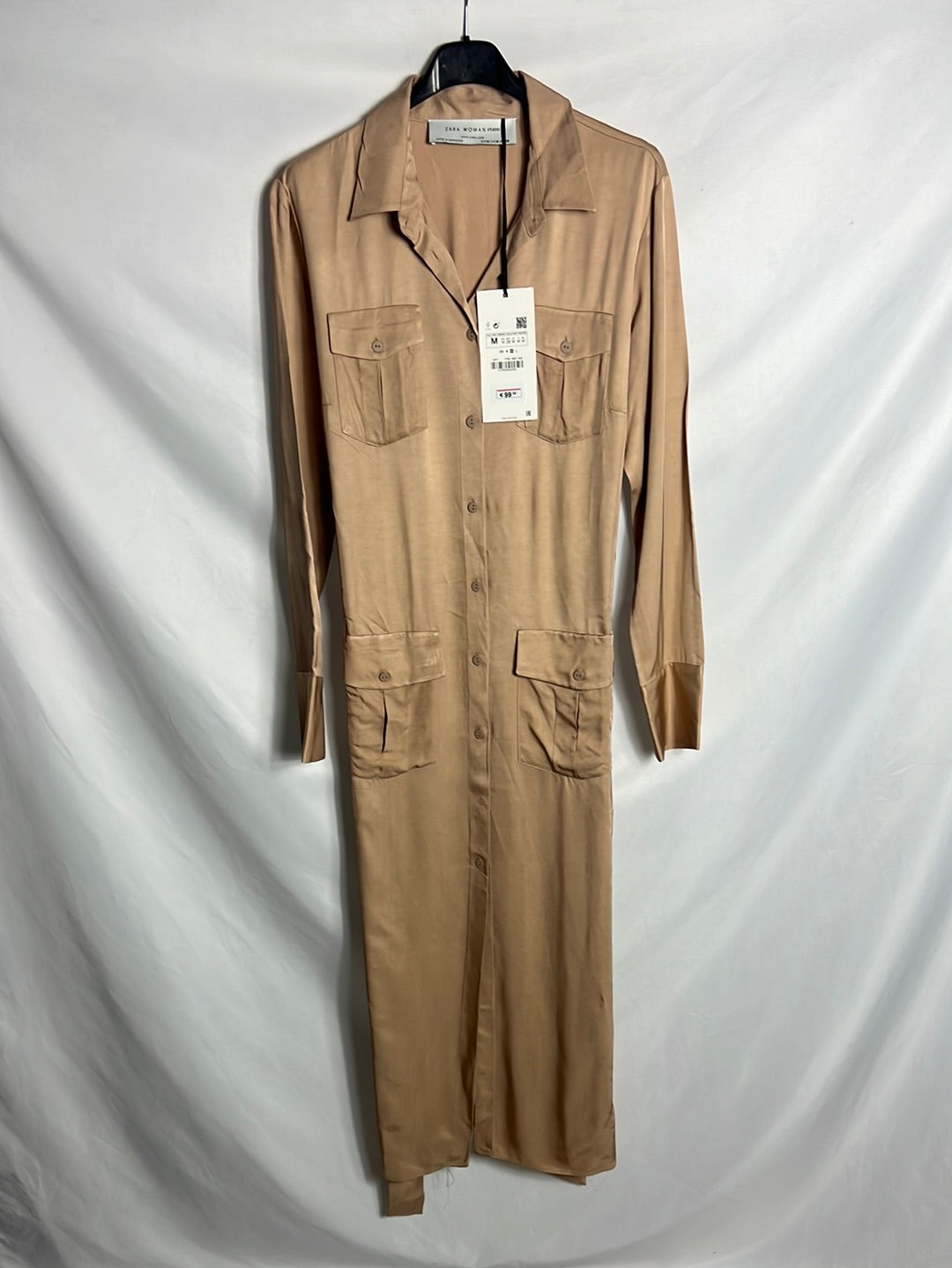ZARA. Vestido camisero/kimono largo marrón claro T M