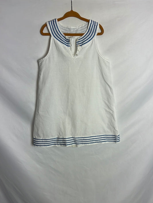 NEWNESS. White linen dress with blue embroidery. Size 7 years.