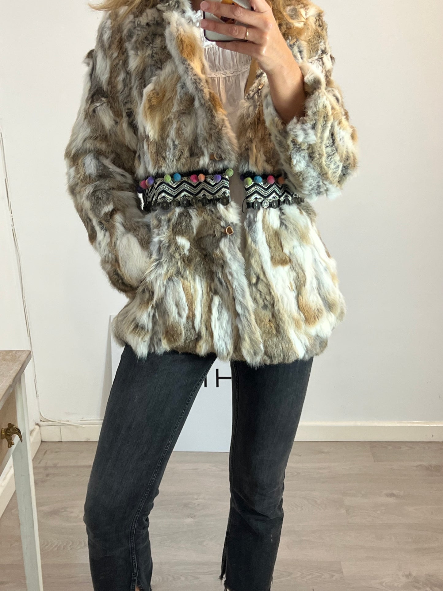 YU.YU. Natural fur coat with beaded back. TM/L