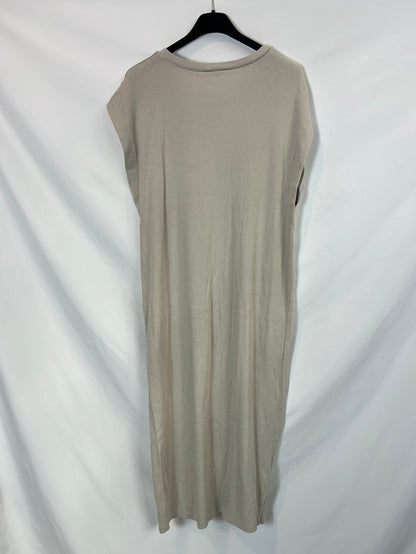 ZARA. Vestido midi beige canalé T.l
