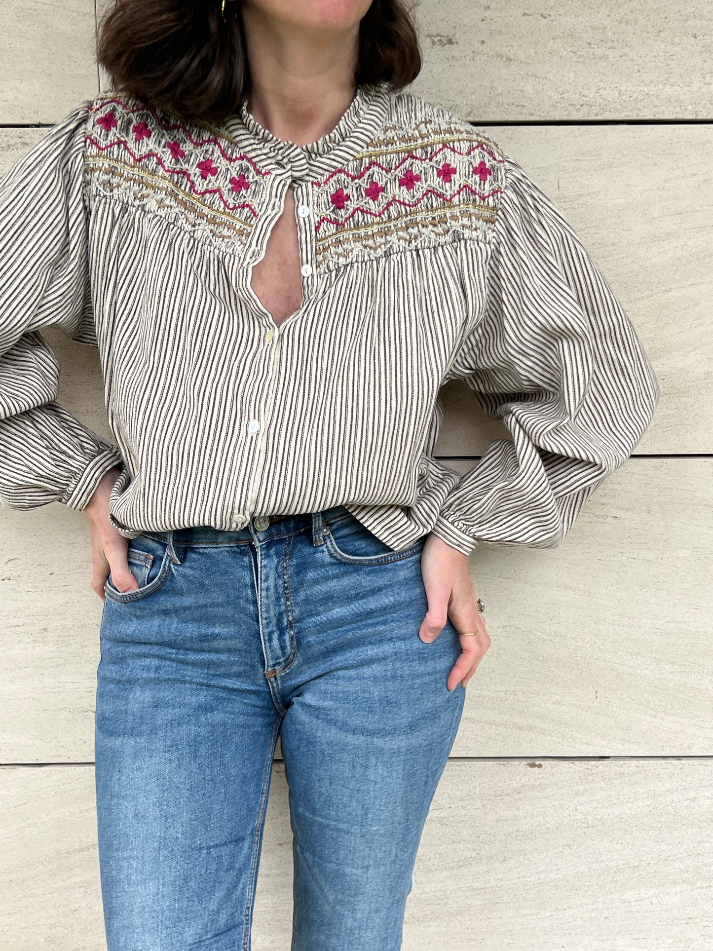 LOUISE MISHA. Embroidered striped blouse, size 34