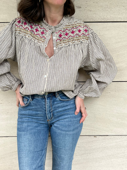 LOUISE MISHA. Embroidered striped blouse, size 34