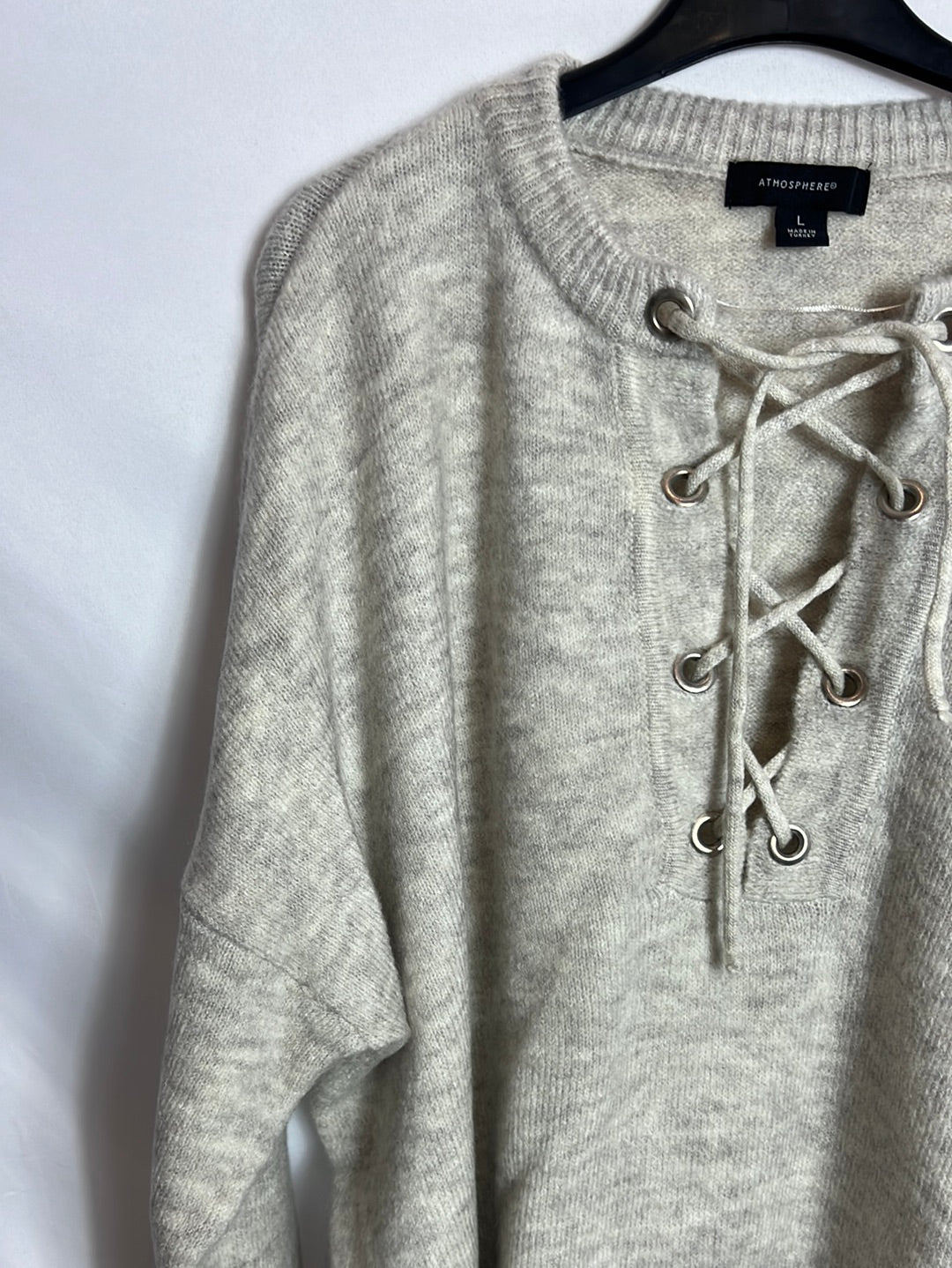 PRIMARK. Jersey beige escote cuerdas. T L