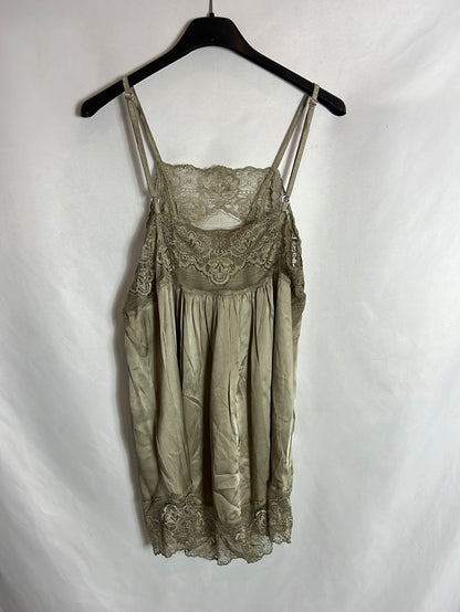 TWIN-SET. Top seda verde claro encaje. T M