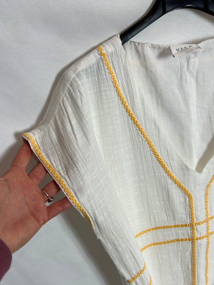 VILA. Vestido midi blanco botados  amarillos. T 38