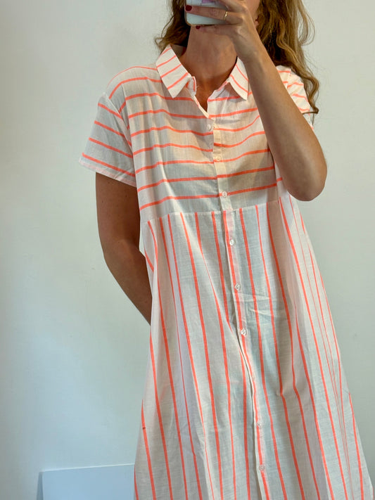 PAN. Vestido largo camisero rayado flúor