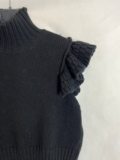 ZARA.Top/jersey negro volantes T.m