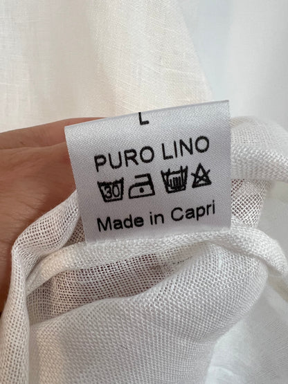 100% Capri. Linen blouse with neck and sleeve detail. TL