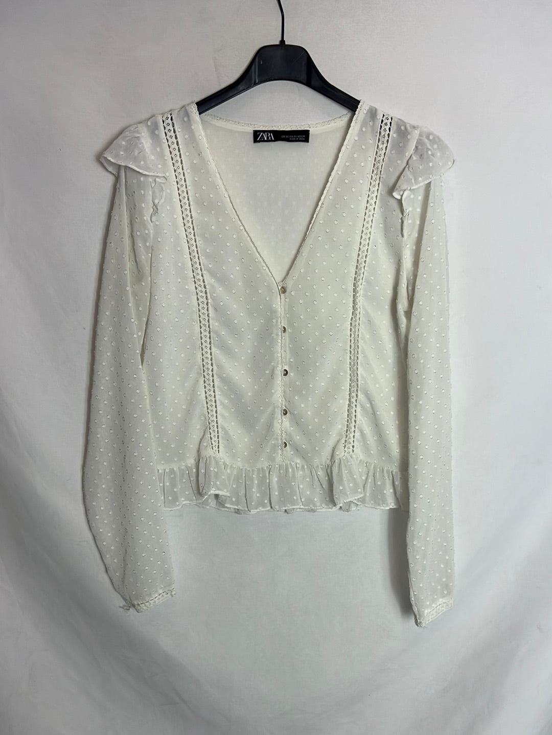 ZARA. White semi-sheer polka dot blouse. XS