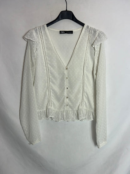 ZARA. White semi-sheer polka dot blouse. XS