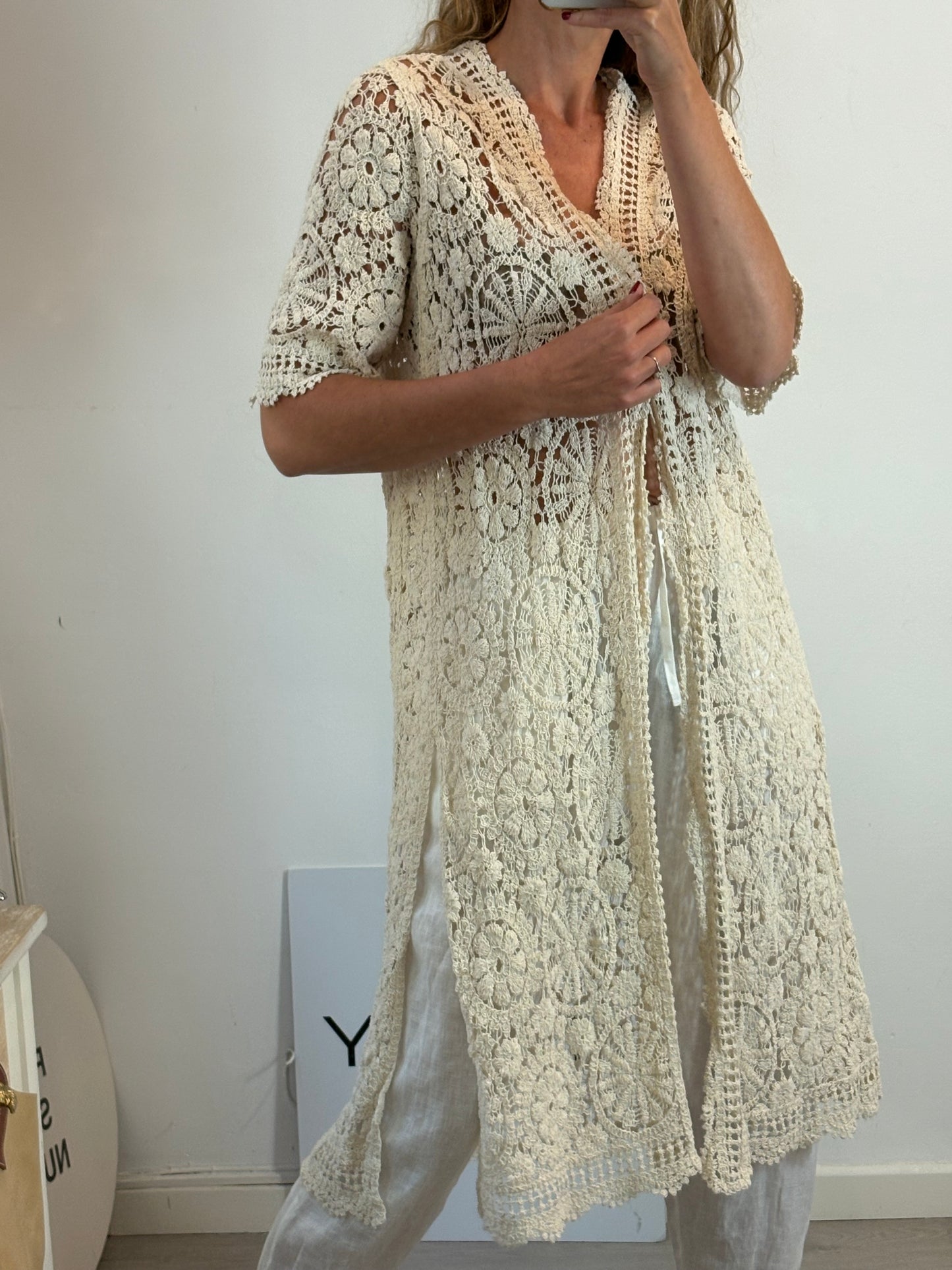 Kimono crochet beige claro