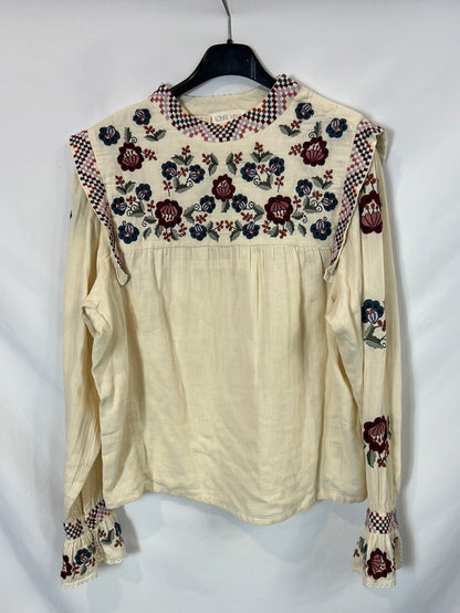LOUISE MISHA. Blusa beige bordada T.34