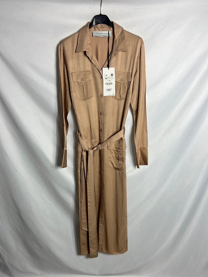 ZARA. Vestido camisero/kimono largo marrón claro T M