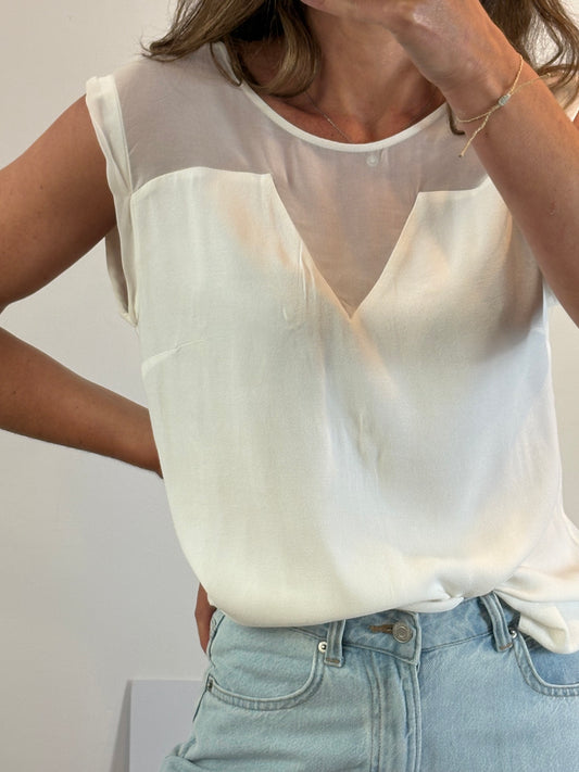 SANDRO. Top blanco esote semi transparente. T 3 (M/L)