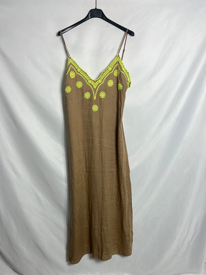 ZARA. Vestido midi lino camel y flúor . T S