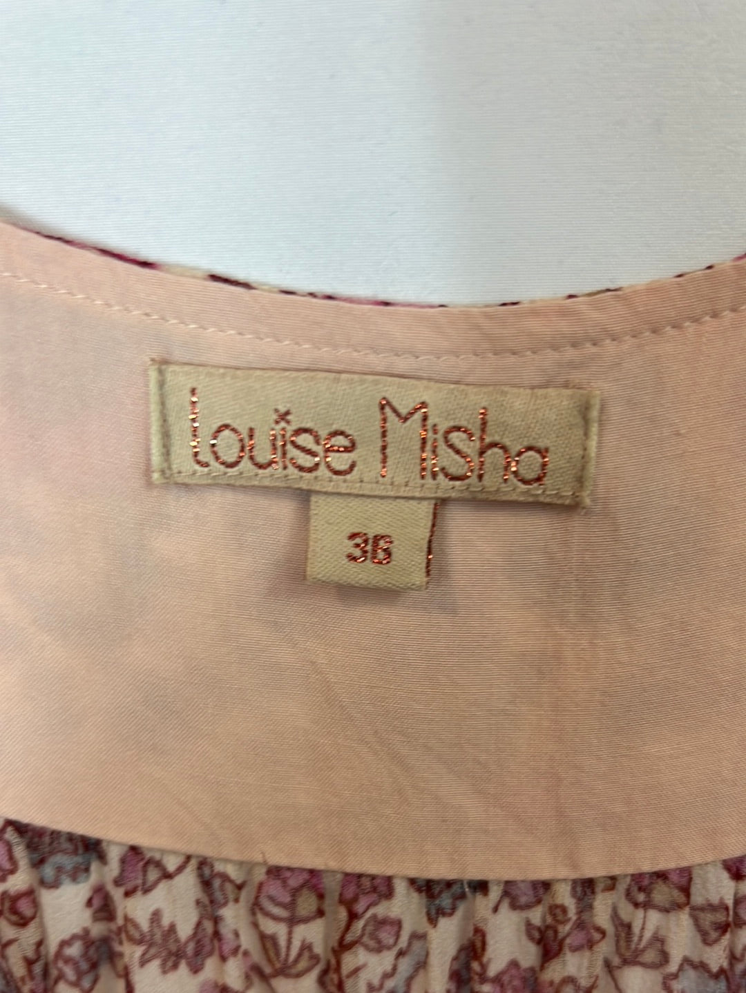 LOUISE MISHA. Vestido beige cruzado flores T.36