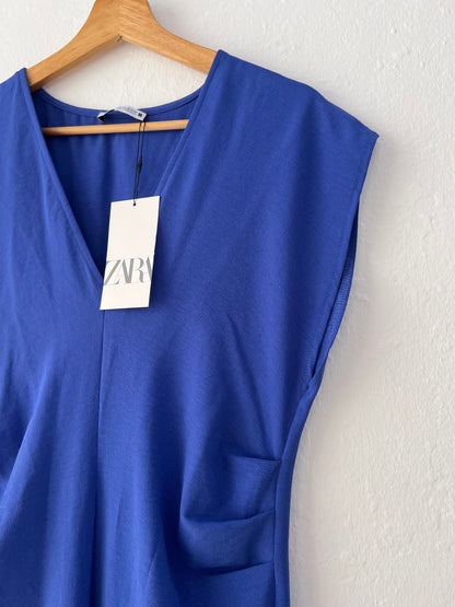 ZARA. Vestido azul detalles fruncidos T.m