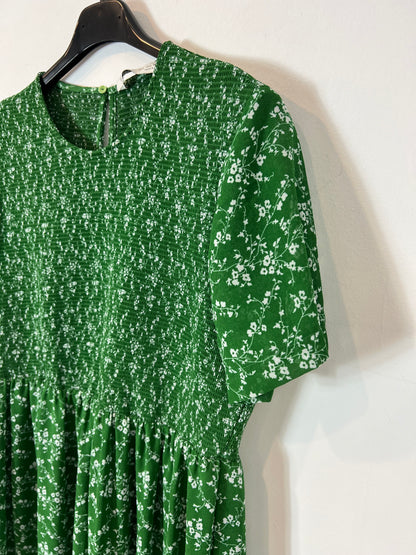 ZARA. Vestido verde largo nido de abeja. T L