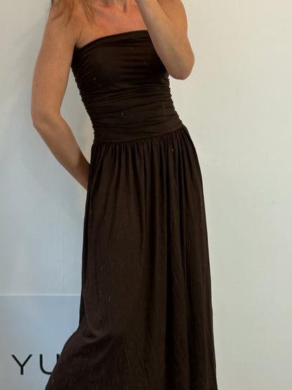 MANGO. Vestido midi marrón punto elástico