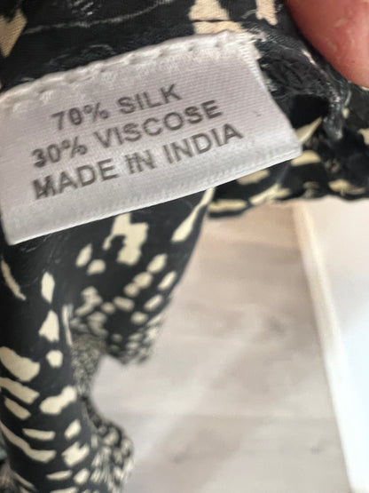 BUGANVILIA. Long black dress with white silk print, size 3XL