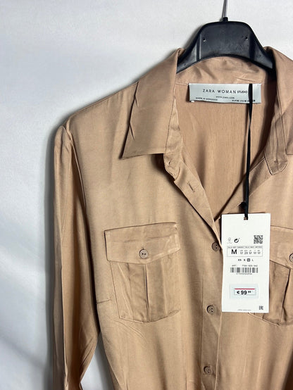 ZARA. Vestido camisero/kimono largo marrón claro T M