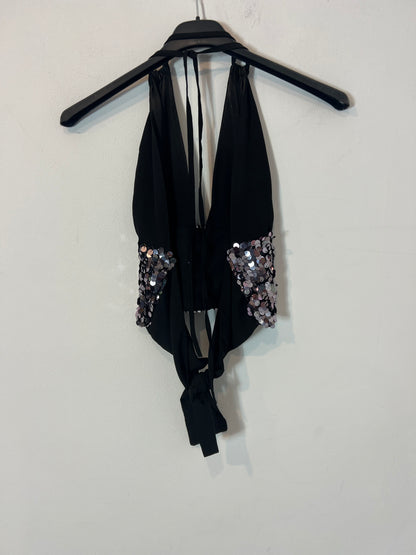 THE ARE. Black sequin knotted top. TS