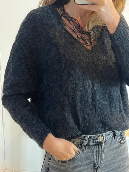 IRO.Black V-neck lace jersey S.XS