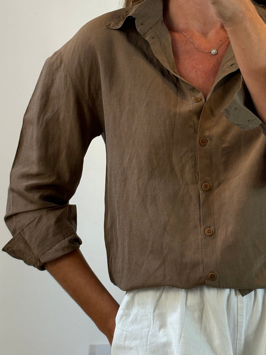 CORTANA. Camisa marrón lino y seda. T 38