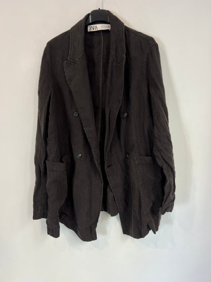 ZARA. Blazer fluida lino gris/azul oscuro  T.s