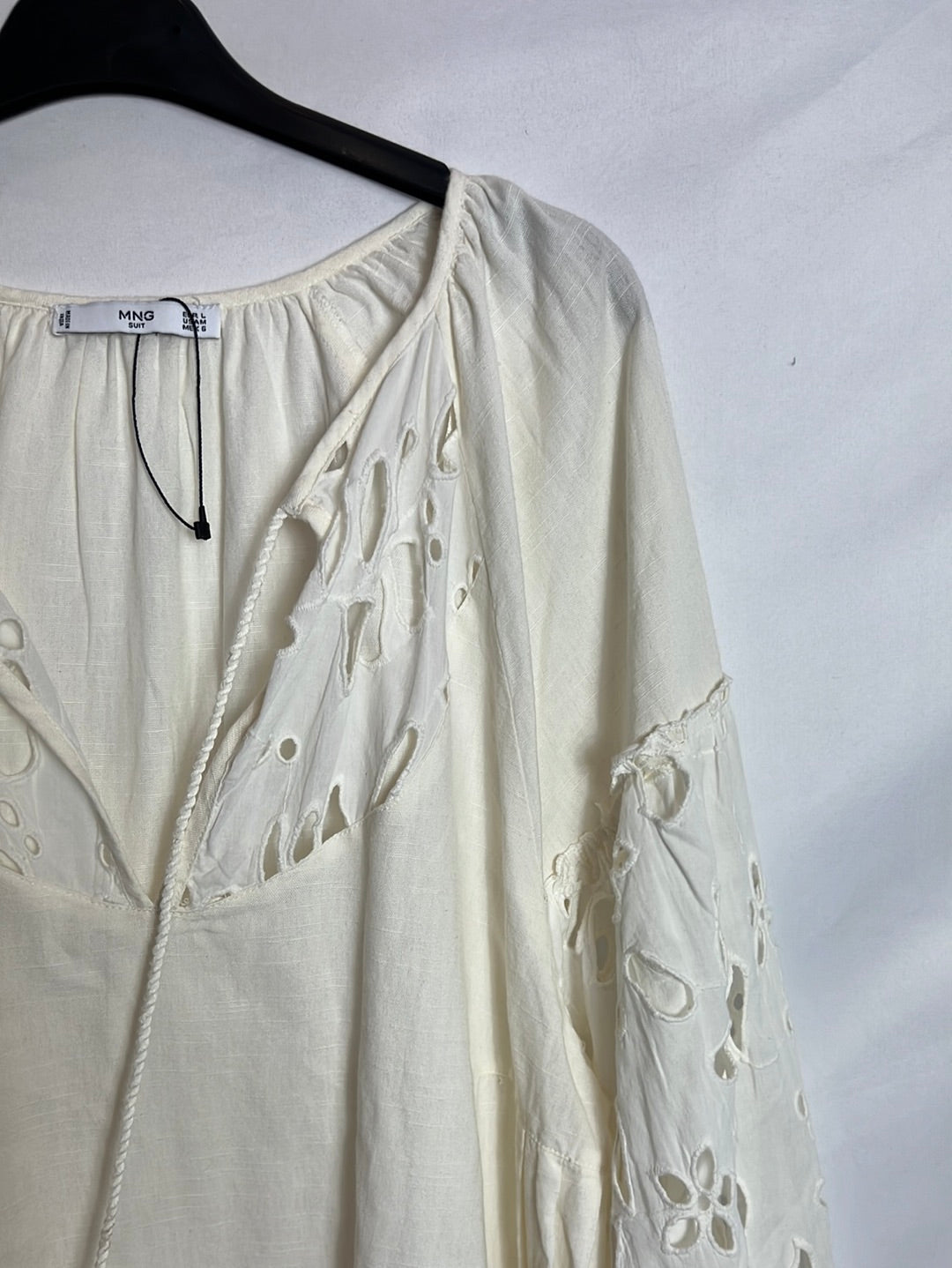 MANGO. Vestido algodón blanco volante. T XS