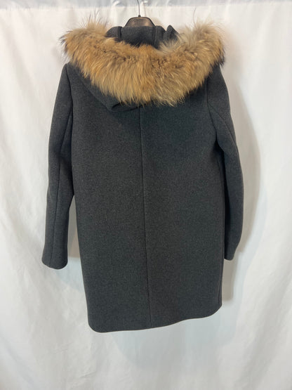 SANDRO. Trenca gris con pelo en capucha T.38