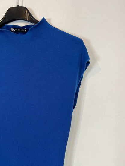 ZARA. Vestido canalé elástico azul T.s