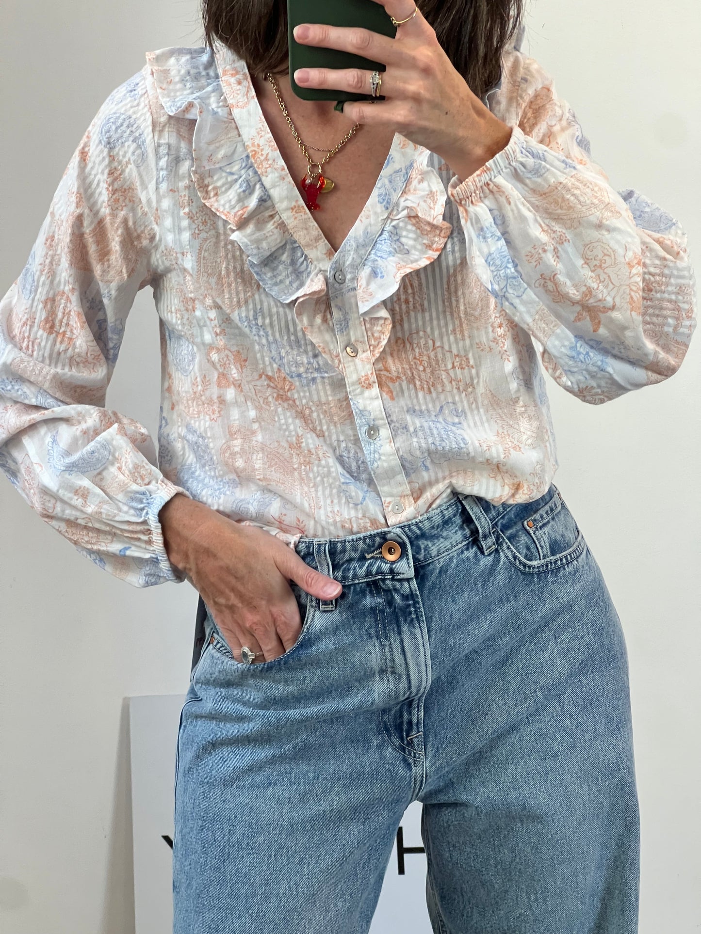 SPRINGFIELD. White blouse with blue and orange flowers, size 36