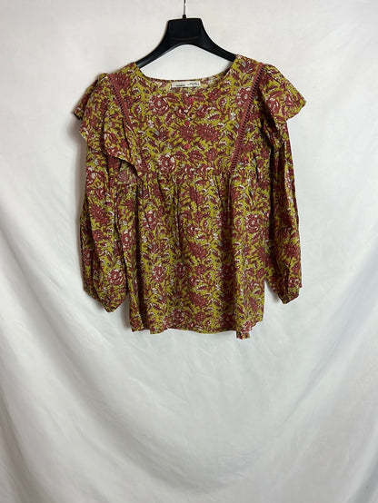 PULL&BEAR. Blusa verde flores T.m